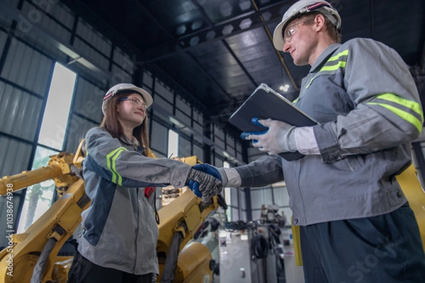 Fototapeta Engineer standing by robotic arm and operating machine in industry factory, technician worker check for repair maintenance electronic operation