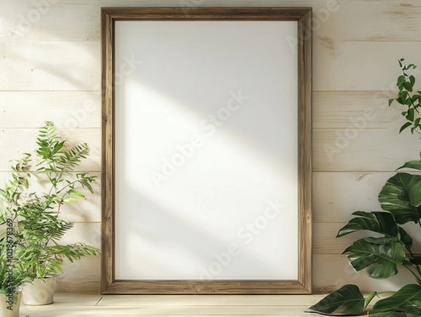 Fototapeta blank wooden frame stands against light wooden wall, surrounded by lush green plants, creating serene and inviting atmosphere perfect for displaying art or photographs