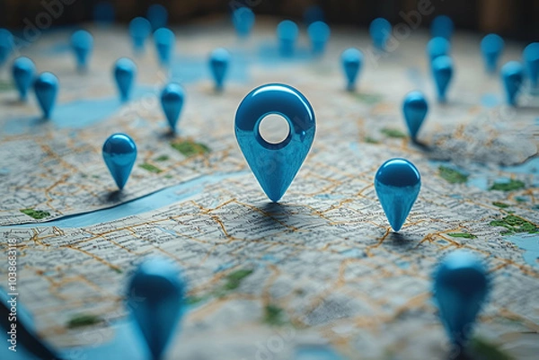 Obraz A collection of blue location pins on a map, symbolizing navigation and geographic positioning.