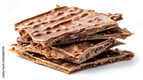 Fototapeta Broken chocolate wafer block with visible layers of crispy wafer and smooth chocolate, isolated on white.