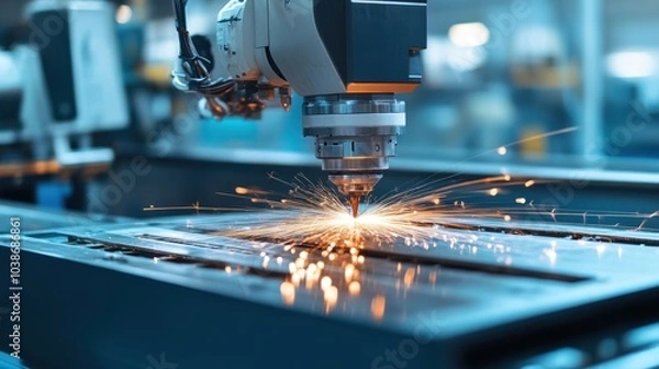 Fototapeta Steel infrastructure being manufactured in a modern industrial setting, with machinery at work.
