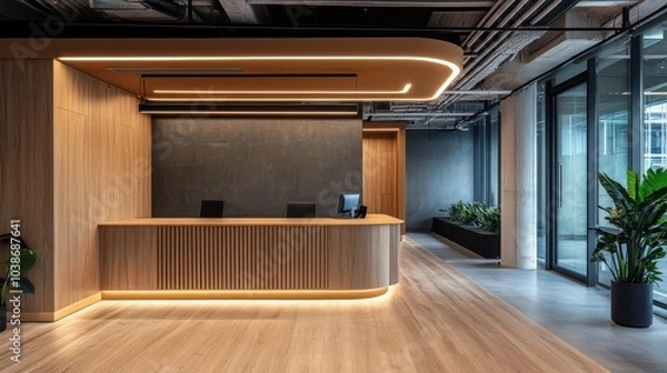 Obraz Modern Reception Area with Wood and Light Design