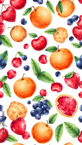 Fototapeta Seamless pattern with watercolor fruits and cookies on white background. New Year mood isolated with white highlights, png