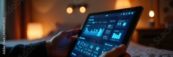 Fototapeta A person interacts with a tablet displaying data analytics, charts, and graphs in a cozy indoor setting, ideal for illustrating technology and business analysis concepts.