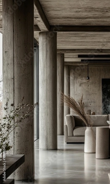 Fototapeta Concrete columns, grey couch, modern interior.