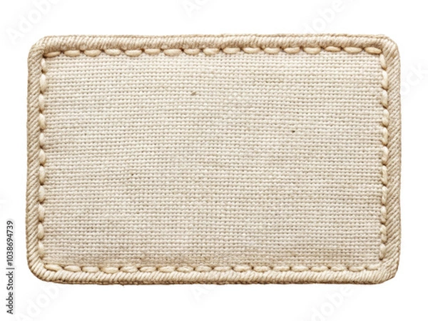 Fototapeta Rectangular fabric label featuring a stitched border, suitable for branding or garment labeling. It offers a minimalist, eco-friendly look. Isolated on transparent background, png.