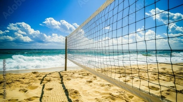 Fototapeta A vibrant game of beach volleyball on sun-drenched sands, Volleyball net set against a backdrop of crashing waves, Coastal sport style