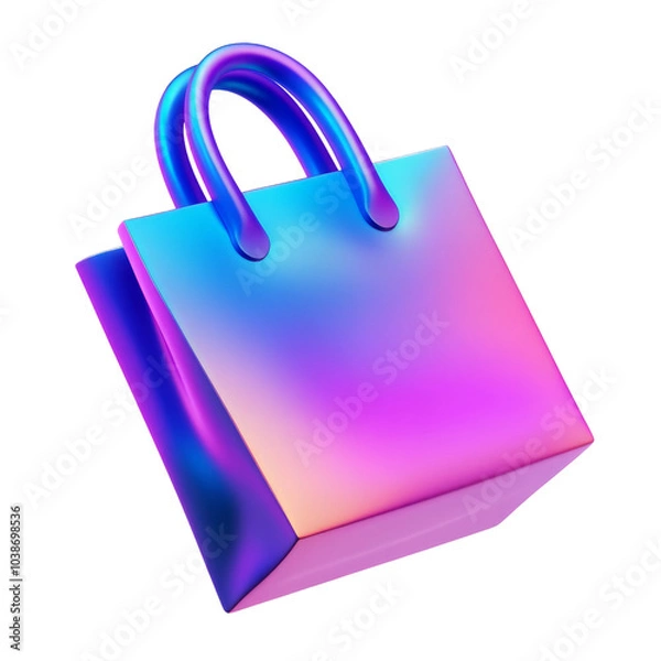 Fototapeta purple blue shopping bag holographic Iridescent 3d render icon isolated on transparent background cutout