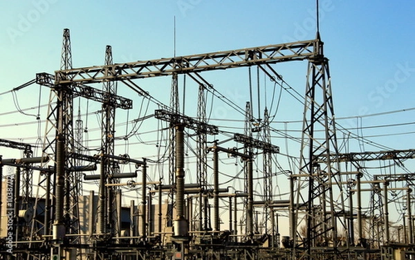 Fototapeta Electrical substation , power converter at the factory.