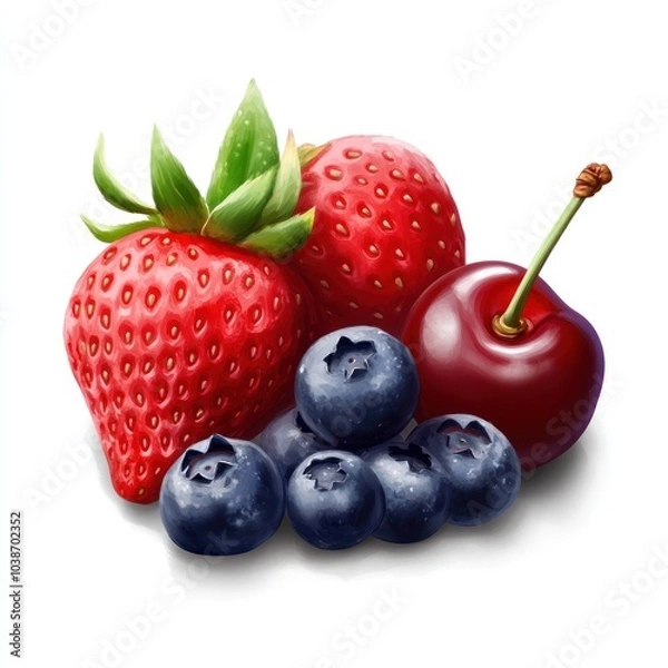 Fototapeta A colorful arrangement of fresh strawberries, blueberries, and a cherry.