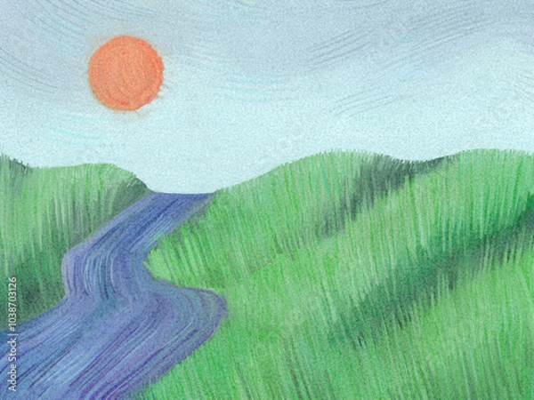 Obraz Landscape with grainy texture. Hills, the sun, a river. Textured digital art