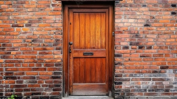 Fototapeta Rustic Wooden Door Against Brick Wall Background