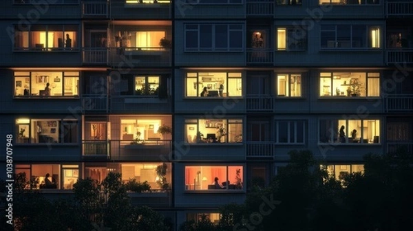 Obraz night multi-storey apartment building, front view, lights are on in many windows, silhouettes of different people