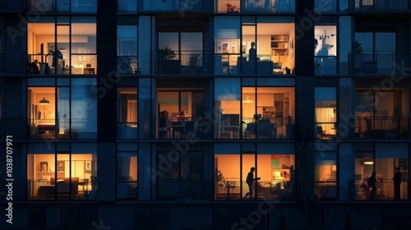Obraz night multi-storey apartment building, front view, lights are on in many windows, silhouettes of different people