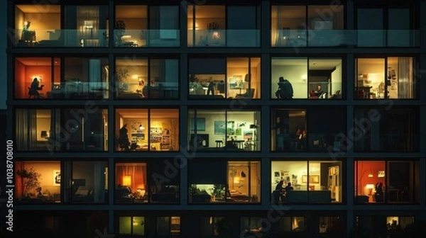 Obraz night multi-storey apartment building, front view, lights are on in many windows, silhouettes of different people