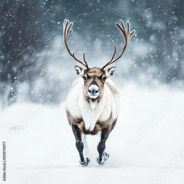 Fototapeta Reindeer running through a snowstorm in Lapland, powerful and majestic in motion