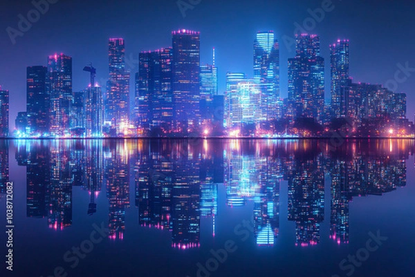 Fototapeta A vibrant city skyline illuminated by neon lights at night reflecting vividly on calm water creating a colorful and futuristic scene
