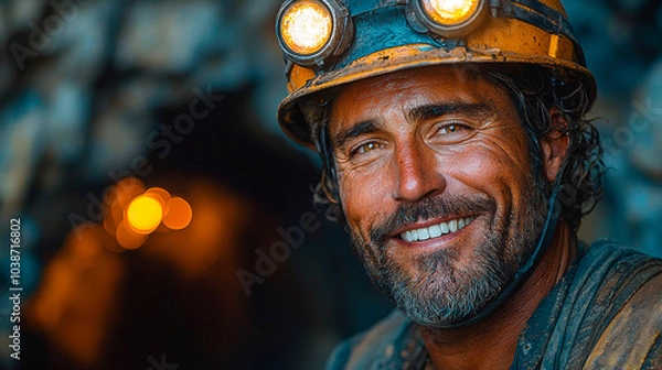 Fototapeta A Chilean miner, tired but happy, emerging from a mine after a long day of work. Generative AI