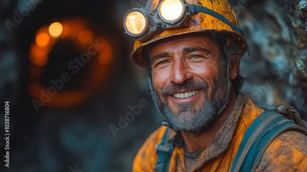 Fototapeta A Chilean miner, tired but happy, emerging from a mine after a long day of work. Generative AI