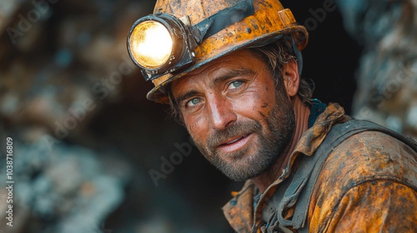 Obraz A Chilean miner, tired but happy, emerging from a mine after a long day of work. Generative AI