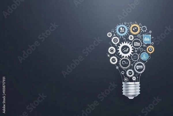 Fototapeta Light bulb filled with gears and icons representing innovative ideas and creativity.