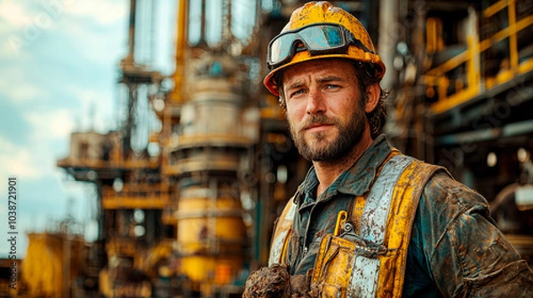 Obraz A worker dressed in safety equipment on an oil platform. Generative AI