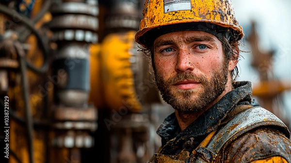 Obraz A worker dressed in safety equipment on an oil platform. Generative AI