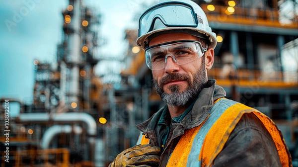 Obraz A worker dressed in safety equipment on an oil platform. Generative AI