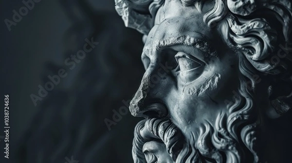 Fototapeta Detailed close-up of a classical statue with intricate features highlighting artistry and craftsmanship in a dimly lit environment