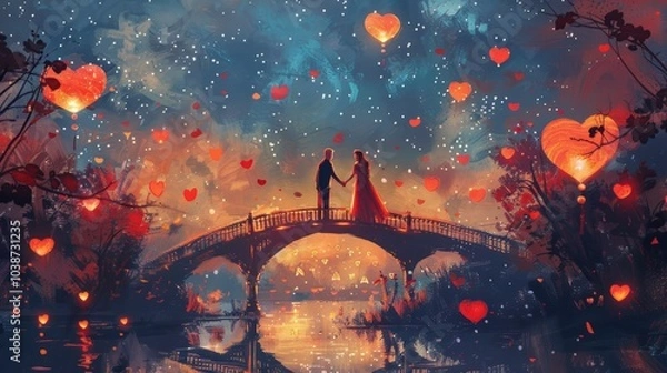 Fototapeta Romantic Valentine's Day Card with Couple on Bridge Under Starry Night Sky and Heart Lanterns