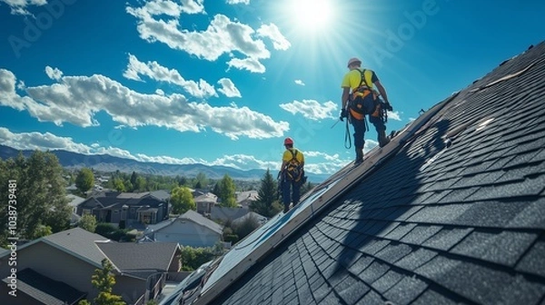 Obraz Roofers skillfully work on a steep roof, showcasing teamwork and dedication under a bright sky.