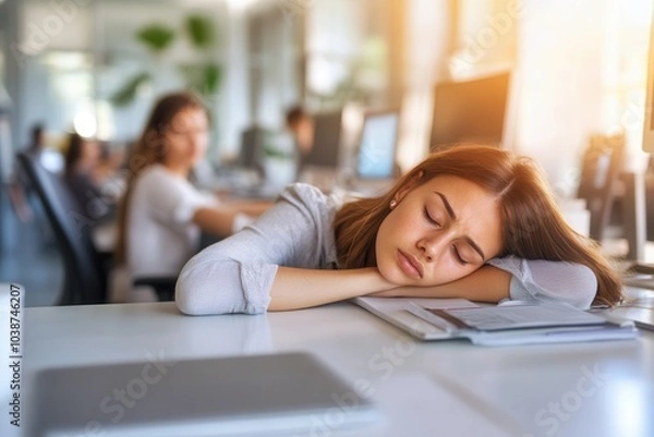 Fototapeta Young Worker Resting at Desk in Office Environment