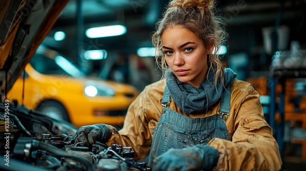 Obraz Female car mechanic in the workshop observing the engine of a car with the hood open. Generative AI