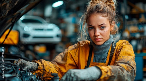 Obraz Female car mechanic in the workshop observing the engine of a car with the hood open. Generative AI