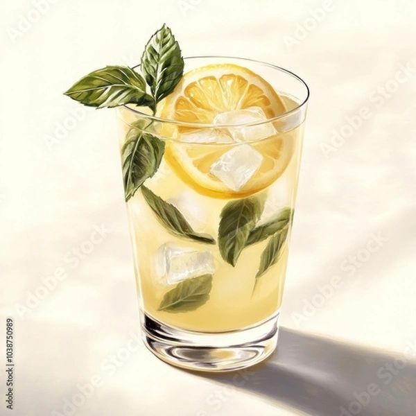 Fototapeta A refreshing glass of lemonade with ice and mint leaves, perfect for a warm day.