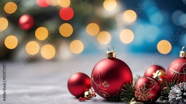 Fototapeta Christmas xmas blur background, a festive holiday scene with bokeh lights and decorations, e.g. baubles, garlands etc