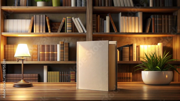 Fototapeta Blank Book Standing on Wooden Shelf in Cozy Library