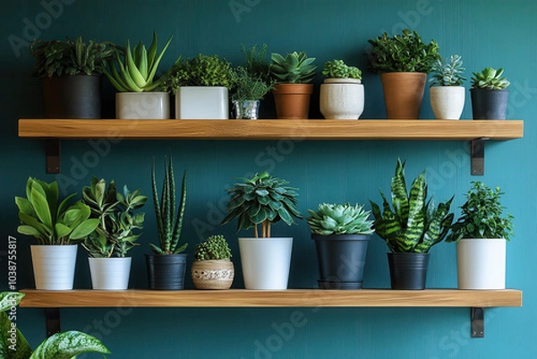 Fototapeta vibrant display of various indoor plants arranged on wooden shelves against teal wall, creating refreshing and lively atmosphere. assortment includes succulents, ferns, and other greenery, enhancing
