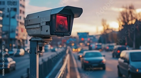 Fototapeta Surveillance camera monitoring traffic on a busy urban street at sunset.