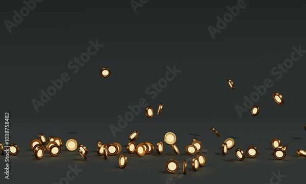 Fototapeta Cryptocurrency concept. Golden glowing coins flying and falling on dark background. 3d rendering 