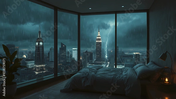 Obraz beautiful cozy bedroom with floor to ceiling glass windows overlooking a cyberpunk city at night, thunderstorm outside with torrential rain, detailed, high resolution, photorrealistic, dark, gloomy, m