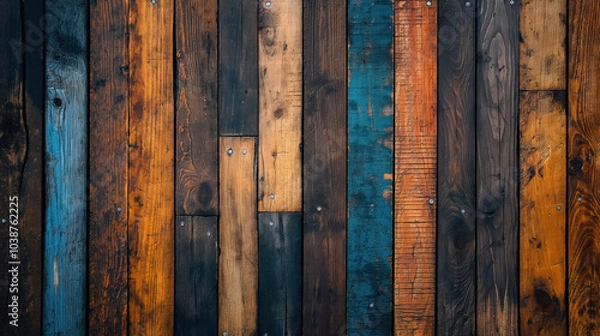 Fototapeta Vibrant reclaimed wood planks background with diverse textures and rich tones