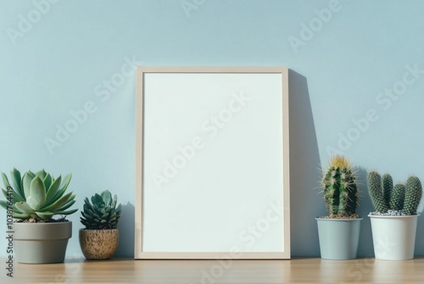 Fototapeta minimalist display featuring blank frame surrounded by various potted plants, including succulents and cacti, against soft blue wall. This serene setup adds touch of nature to any space