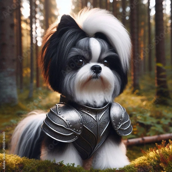 Obraz shih tzu dog sitting in the wood with armor on ready for anything