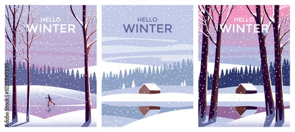 Obraz Vector Set of 3 winter season landscapes. Snow covered trees in the first plan and house on the edge of the forest under the snow in the background. Trendy handmade drawing vector illustration.