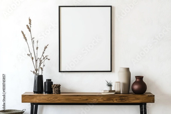 Fototapeta stylish interior scene featuring wooden console table adorned with decorative vases, plant, and framed empty picture. minimalist design evokes sense of calm and elegance