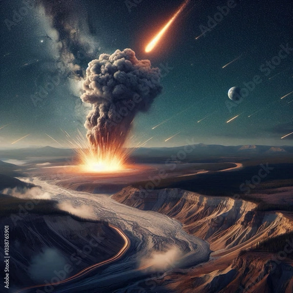 Obraz burning volcano in the sky, with a line moon and meteor storm