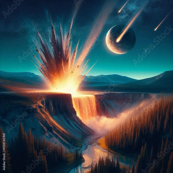 Obraz Meteors crashing down on an open plateau above a river, with a moon hanging in the back ground.