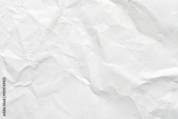 Fototapeta Crumpled white paper texture with natural creases and subtle shadows for backgrounds and design projects.