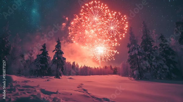 Obraz A photo of fireworks over a snowy forest, with the northern lights in the background, during a magical New Year's Eve